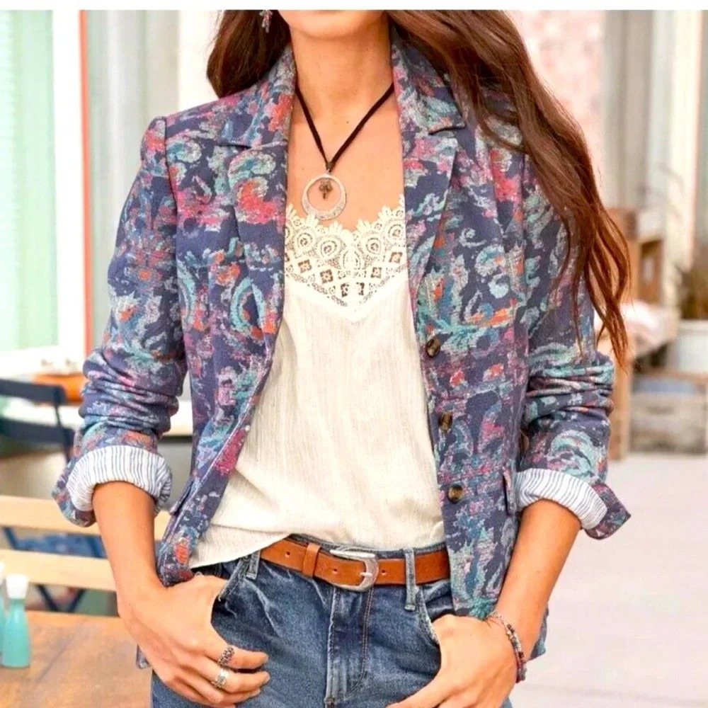 Sundance Matisse Blazer Sz XL Jacket Paisley Multi Color Cotton Jacquard Floral